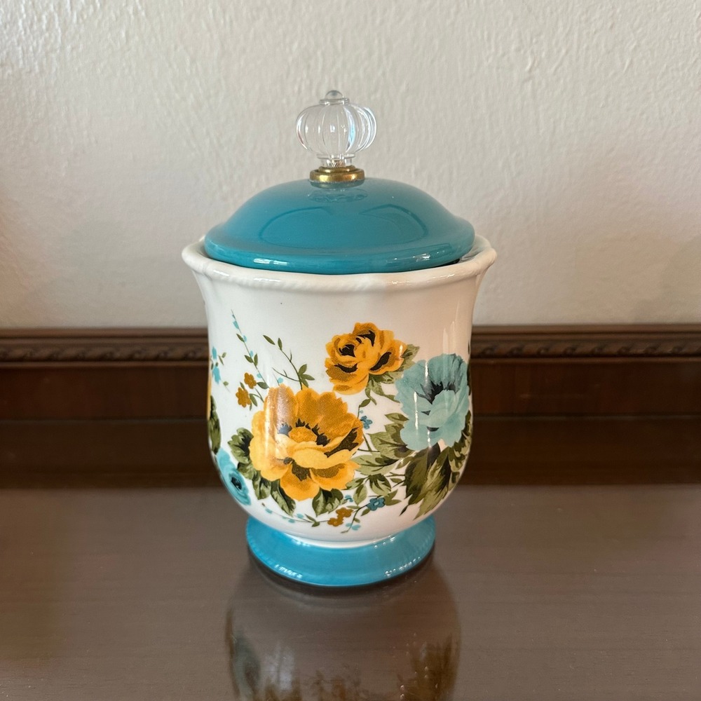 The Pioneer Woman Rose Shadow Stoneware Canister Teal Floral 8'' 38.5oz - Picture 3 of 5